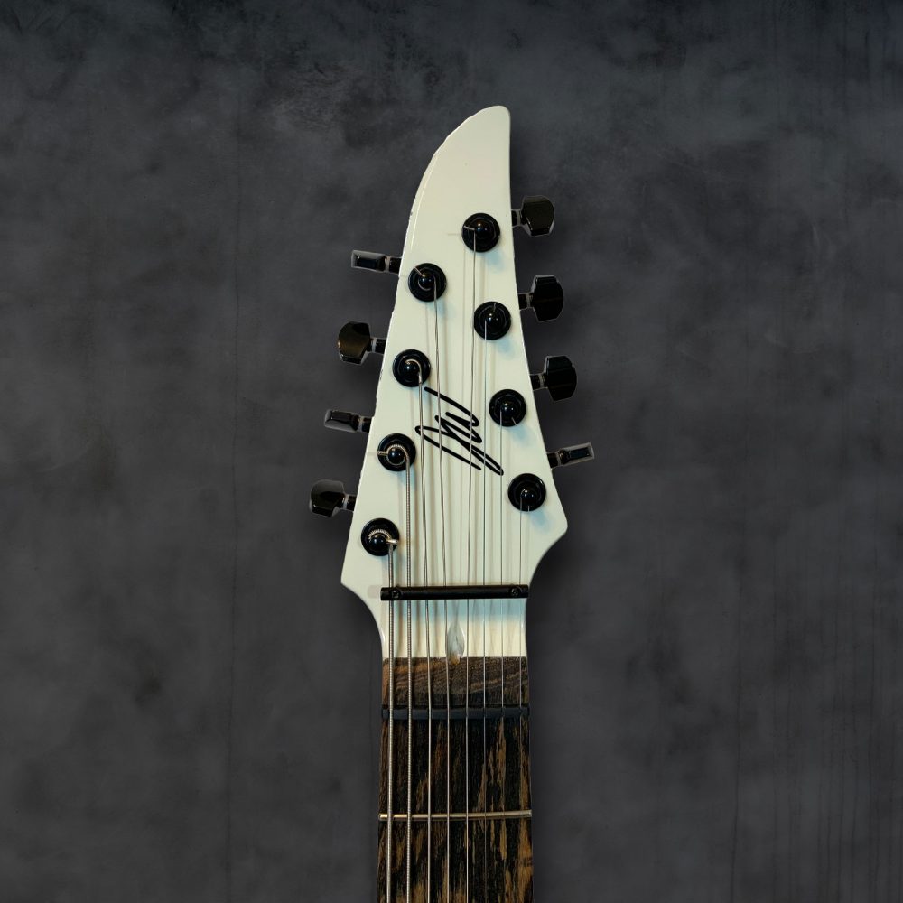 Atlantean custom 8 string guitar in white - headstock view by Jon Wade Guitars